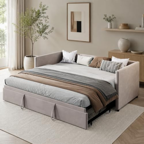 KEFSR Polsterbett, ausziehbares Bettgestell, Schlafsofa 90/180 x 200 cm, Samtstoff, platzsparendes Design, perfekt für platzsparende (Gery)