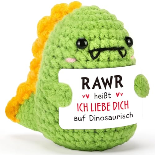 HUKUMA Jahrestag Geschenk für Ihn Sie,Partner Geschenke Dino Kuscheltier,Gehäkeltes Dino mit Energiekarte, Pocket Hug für Jahrestagsgeschenk, Freund Freundin Paar Partner sie