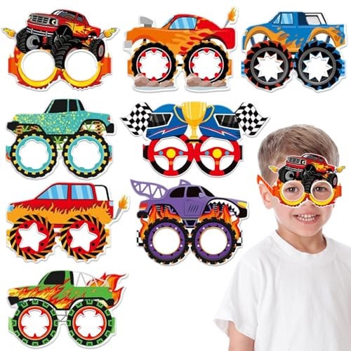 Qpout 16pcs Race Car Wheels Party Paper Glasses,Monster Truck Theme Eyeglasses,Vehicle Photo Booth Props Glasses Frame for Boys Birthday Party Favors Supplies Decorations