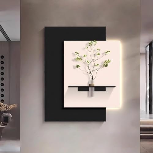 KEJIAWU Moderne 3D Sandstein-Wandkunst mit LED-Lichtern und Vase - Enthält Kunstpflanze, Feng Shui-Wandkunst for Wohnzimmer, Schlafzimmer, Büro(Black,19 * 24in)