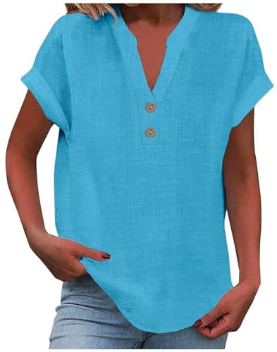 Women's Summer Cotton Linen Cap Sleeve T-Shirt Button Down V-Neck Loose Tunic Tops Fashionable Baggy Solid Color Plain Casual Shirts Trendy Lounge Vacation Lightweight Outdoor Blouses B Blue