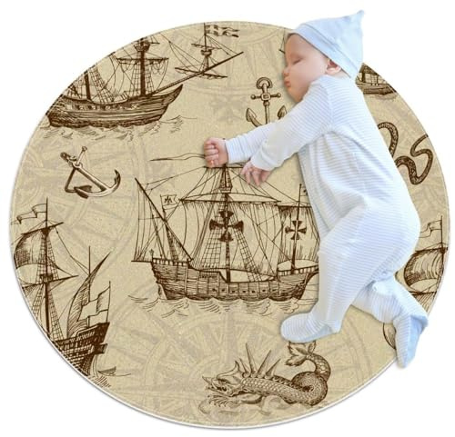 VAPOKF Kleine Teppiche, Badezimmerteppich, altes Segelboot, Anker, Meeresmonster, rutschfester Überwurfteppich, Fußmatte, für Sofa, Schlafzimmer, Kinderzimmer, Dekoration, rund, 70 cm Durchmesser