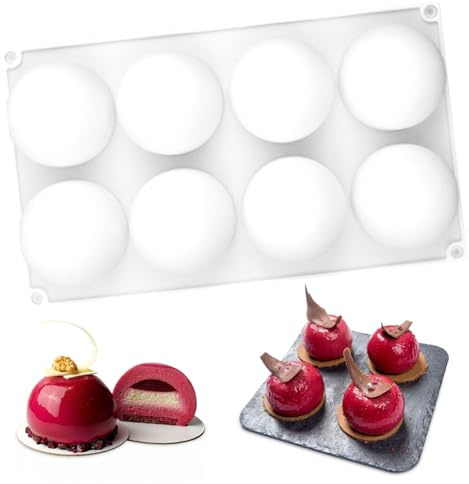 Moule à Gâteau en Silicone avec 8 Cavités, Ø66mm Moule Sphérique en Silicone, Antiadhésifs Moules Demi Sphere, Réutilisable Mousse Moules Sphere Sans BPA pour Pudding, Glaces, Boules de Chocolat