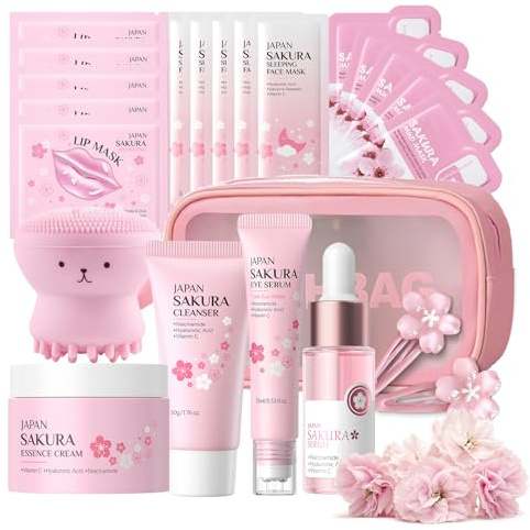 Sakura Beauty Gift Sets, Sakura Skin Care Set Teenager Girls Gifts, Skincare Set with Serum, Face Cream, Cleanser, Eye Serum, Hairpins, Pflegeset für Teenager-Mädchen, 23 Piece