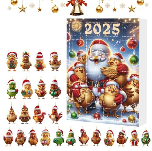 ETUCYNG Huhn Ornamente für Weihnachtsbaum, Anhänger für Weihnachtsbaum, 2D-Huhn aus Acryl, festlich, 2025, 24 Tage Adventskalender für und Erwachsene, Tieranhänger für Weihnachtsbaum, Spiegel und