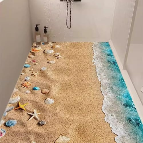 Pevfeciy Duschmatte rutschfest 80X120 cm Duschvorleger mit Marinemuster PVC Luffa Material Weich Komfort mit Ablaufloch für Duschkabine und Nassbereiche