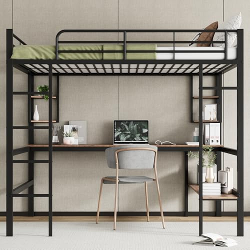 Hochbett,140x200cm Bettgestell Metallbett, Eisenbett mit Schreibtisch, Ohne Matratze, Hochbett mit vier kleinen Regalen und einem großen Bücherregal für Kinder, Jugendliche und Erwachsene (schwarz)