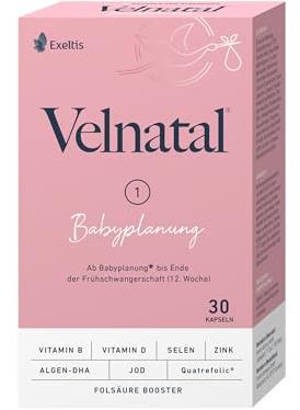 Velnatal Babyplanung, Nahrungsergänzung mit Folsäure, 30 Weichkapseln | DHA aus Algen, wichtige Vitamine & Mineralstoffe, für Frauen mit Kinderwunsch, glutenfrei, laktosefrei, 1x täglich 1 Kapsel
