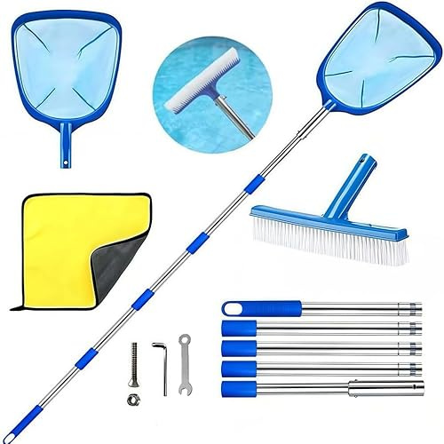 Pool Kescher mit Teleskopstange, PoolKescher mit Poolbürste, Teichkescher Feinmaschig, Laubkescher, Pool Reinigungsset für Schwimmbad, Spas,Teich,Whirlpools,Planschbecken (220cm)