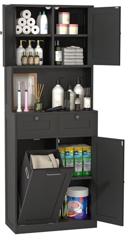 GoaHi Tall Bathroom Cabinet with 4 Doors, Slim Storage Unit with Removable Laundry Basket, Freestanding Floor Cabinet, 2 Adjustable Shelves, 2 Drawers, Modern Farmhouse, Black