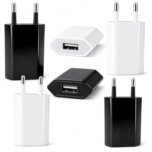Lot de 6 Prises USB 5V 1A, Chargeur USB Compact et Léger, Prise Secteur USB Compatible avec Téléphones Portables, iPhone, Samsung, Huawei, Prise Électrique USB, Adaptateur USB Blanc et Noir