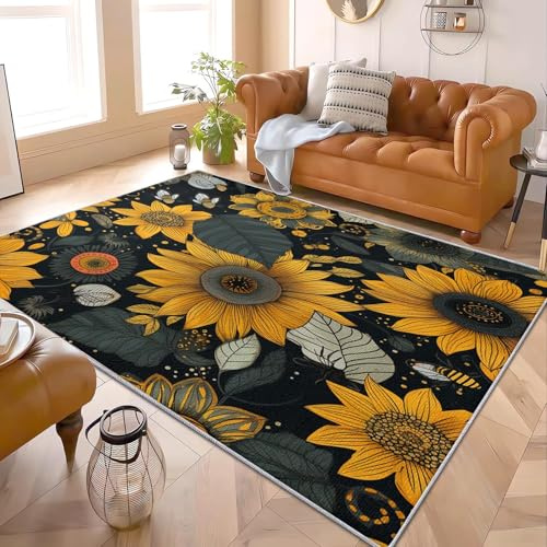 Generisch Wohnzimmer Teppich Schlafzimmer, Zeichentrickfilm Bienen Sonnenblumen Waschbar Kurzflor Teppich Flauschig Weich rutschfest Pflegeleicht Schwarz Teppiche Kinderzimmer, Größe:120x180 cm