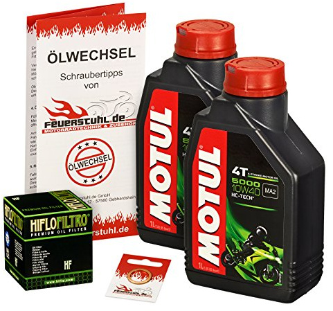 Motul 10W-40 Öl + HiFlo Ölfilter für Kawasaki KFX 700, 04-09 - Ölwechselset inkl. Motoröl, Filter, Dichtring