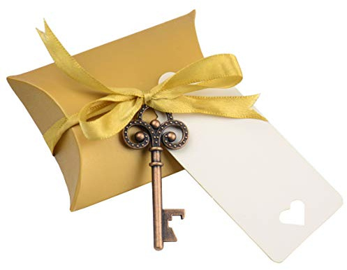 Makhry 50 Stücke klein Vintage Schlüssel-Flaschenöffner Hochzeit Schlüssel Skelett Schlüssel Flaschenöffner Hochzeitsgastgeschenke Set mit Kissenboxen,Band und Etikett (Antikes Kupfer)