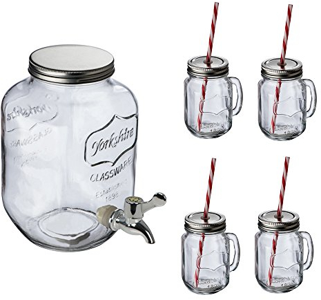 Getränkespender aus Glas mit auslaufsicherem Zapfhahn 4 Liter Inhalt im Retrostyle mit 4 Oma Trinkgläsern aus Echtglas 450 mL mit Deckel und MehrwegTrinkhalm im Streifenlook