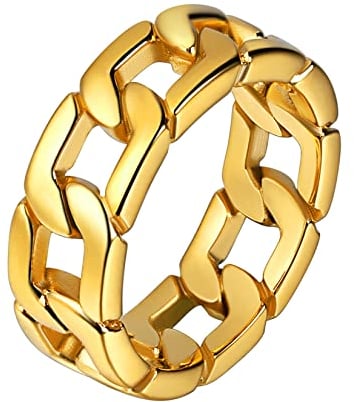 U7 Gold Massiv Kettenring für Männer Großer Ring Hip Hop Street Style Fingerring 18k vergoldet Cuban Link Panzerkette Rockerring Modeschmuck für Vatertag Halloween(Ring Größe 62.1)