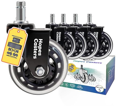 HOPES The Office Chair Casters - Replacement Rubber Wheels for Hardwood Floors and Carpet, Set of 5, Heavy Duty Casters for Chairs, No Floor Mat Needed