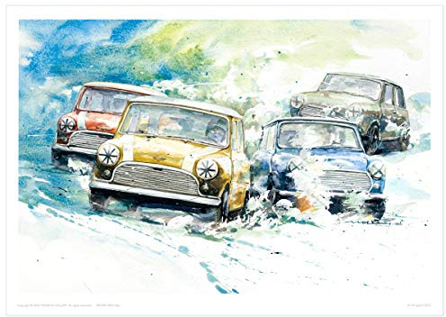 MINSEOK Aquarell-Auto-Poster – Premium A3 Wanddeko, Vintage Drucke, Geschenkidee für Autoliebhaber – Himmelblau & Grüne Landschaft Rallye-Oldtimer