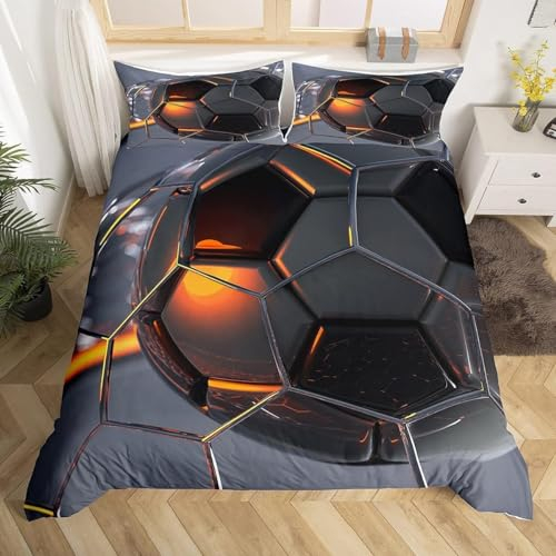 Loussiesd Set di biancheria da letto con motivo geometrico e palloni da calcio, colore grigio, morbido copripiumino per bambini ragazzi adolescenti adulti, 1 copripiumino con 1 federe, 135x200cm