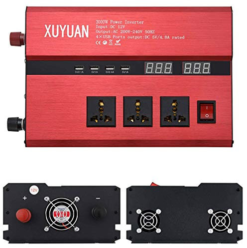 3000W Inversor De Corriente 12V A 220V Transformador Convertidor con 3 AC Enchufes 4 Pantalla LCD del Cargador De Los Puertos USB para El Coche-12V