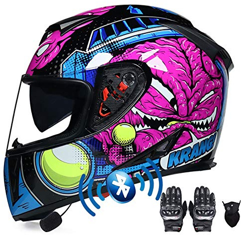 Motorcycle Bluetooth Helmet, Full Face Motorbike Helmets with Gloves Mask, Dual Anti-fog Visors Helmet ECE Approved, Built-in Mp3 FM Radio Integrated for Adult 55-64CM
