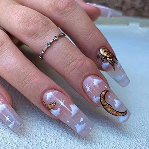Brishow Coffin False Nails Pink Long Fake Nails Glitter Sun&Moon Press on Nails Ballerina Acrylic Stick on Nails 24pcs for Women and Girls