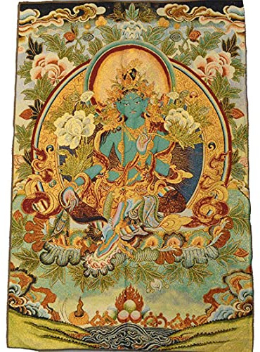 XHJL Stickerei Tibetische Thangka Malerei Wandbehang Seide Exquisite Buddha Leinwand Kunst Nepal Green Tara Buddhismus Seide für Wohnkultur Thangka Meditation