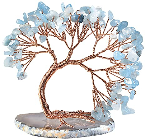 KYEYGWO Aquamarine Heilung Edelstein Baum mit Achat Scheiben Base, Kristall Geldbaum Feng Shui Bonsai Baum Figuren Ornament, Kristallbaum Haus Decor für Glück und Gesundheit, 7,6-10,2 cm Hoch