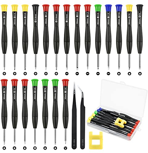 Ainiv Mini Cacciavite, set di piccoli cacciaviti per occhiali da 24 pezzi, adatto per gioiellieri di orologi PS4, con 2 pinzette, magnetizzatore e scatola in PP