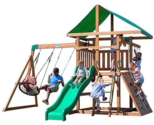 Backyard Discovery Grayson Peak Aire de Jeux en Bois | Aire de Jeux Extérieur avec balançoire Toboggan bac de Sable Mur d'escalade | Balancoire Exterieur avec Toboggan, Portique Balancoire Exterieur