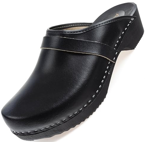 APREGGIO Herren Leder Holzclogs Orthopädisch Dunkelbraun 40 bis 47 EU | Rutschfest, umweltfreundlich, atmungsaktiv, für Garten und Beruf, Schlupfdesign, orthopädisches Fußbett, Handarbeit