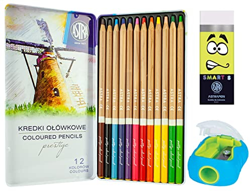 ASTRA Prestige 12 Colouring Pencils in Metal Tin Box Bundle with Smart Eraser and Pencil Sharpener for Children and Adult Artists (3 Items), Multicoloured