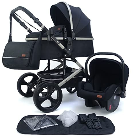 Pixini Kinderwagen Kalani 3in1 Kombikinderwagen, inkl. Babywanne & Buggy & Auto-Babyschale & Cupholder (grau/schwarz)