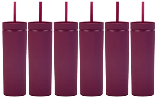 Vasos de color borgoña mate con tapas y popotes. Vasos delgados de 16 onzas a granel. Vasos de viaje reutilizables con aislamiento de doble pared. Vasos de plástico acrílico de colores pastel para