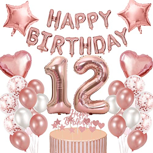 Creaher 12. Geburtstag Deko Mädchen Rosegold Ballon Set Luftballon 12 Folienballon Happy Birthday Girlande Kuchendeckel 12. Geburtstag Deko 12 Geburtstagdeko Frauen
