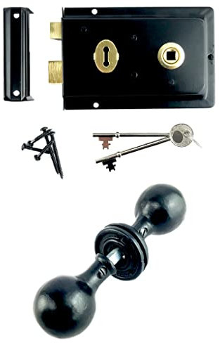 Rim Lock and Cast Iron Door Knobs Ball Oval Octagonal Black Traditional Cottage Set (Round Handle) - 50mm Dia Handle x 150mm