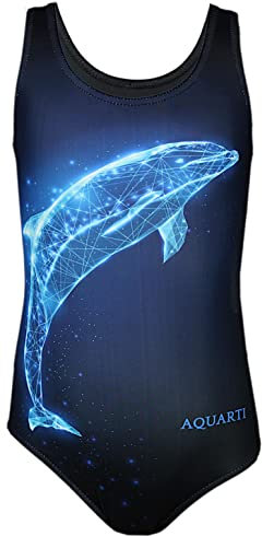 Aquarti Mädchen Badeanzug mit Ringerrücken Print, Farbe: Delfin Digital Blau/Schwarz, Größe: 164