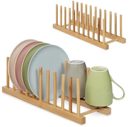 Relaxdays 2er Set Tellerständer Bambus Escurreplatos Juego de 2, 10 Platos c/u, Tapas de Olla, Tablas de Picar, Escurridor Vajilla Bambú, Natural, 12 x 12,5 x 40 cm Aprox