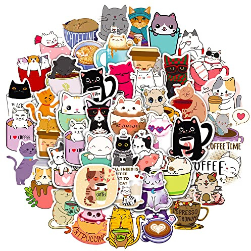 Cat Coffee Stickers for Laptop (50 PCS),Gift for Children Teens Adults Girl Boys,Waterproof Stickers for Water Bottle,Cats Vinyl Stickers for Scrapbook,Skateboard,Bike,Phone,Dairy