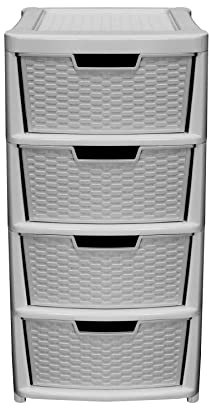 simpa Large Rattan Effect Grey 4 Drawer Storage Tower Unit - 82cm (H) x 40cm (D) x 39cm (W)