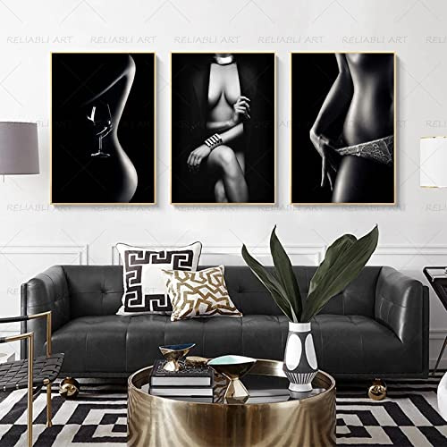 GEMMII Schwarz-Weiß-Poster, sexy nackte Frau, Körper, Große Leinwand Bild Bilder, Druck auf Leinwand, Wandkunst, Schlafzimmer, Heimdekoration, HD-Drucke, 70 x 100 cm x 3, rahmenlos