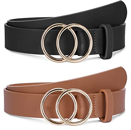 SUOSDEY 2 Pack Ledergürtel weiches Leder Damen Gürtel mit runder Schnalle zwei Ringen, Jeansgürtel für Frauen,Schwarz Braun