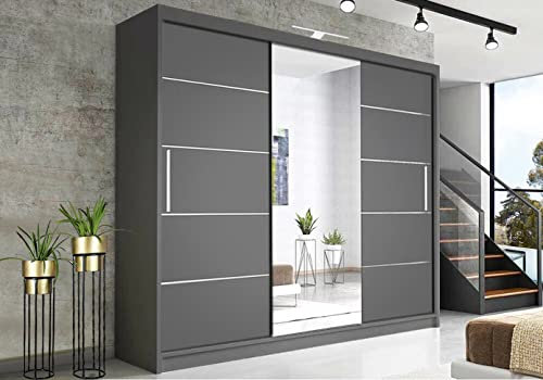 RAC3 Race to Road Stylish Bedroom Sliding Wardrobe with LED Light - Ample Storage Space and Sleek Design comes in White/Grey/Black/Oak and Width 150cm/180cm/203cm/250cm (Grey, 250cm)
