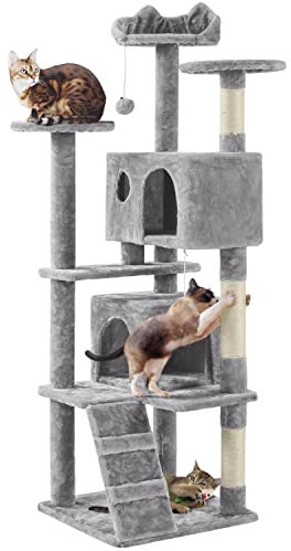 Yaheetech Arbre à Chat avec 2 Niches 3 Plateformes 2 Boules en Sisal Arbre à Grimper Multi-Niveaux Hauteur 158cm Idéal pour 3-4 Chats Gris Clair
