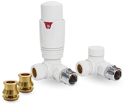 Thermostatic TRV Corner White Radiator Valves 1/2 x 15mm with Brass Radiator Reducer Compression Valve - 15mm to 10mm