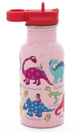 Tyrrell Katz Kids Dinosaur Printed Drinking Bottle in Pink Stainless Steel with Straw - Dishwasher Safe Children's School Water Flask - 400 ml