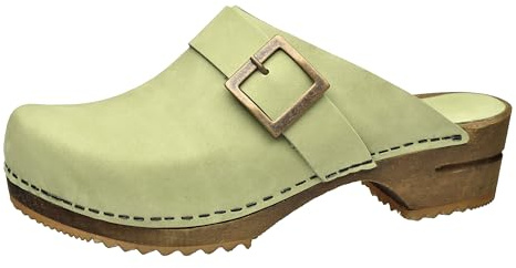 Sanita Urban Offener Clog | Original handgemacht | Leder-Holzclogs für Damen | Nachhaltige Materialen | Blattgrün | 38 EU