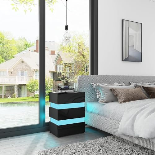 LED-Nachttisch mit Hochglanzfront und 3 Schubladen - Moderner Nachtschrank mit einstellbaren Farben für Schlafzimmer (Schwarz)