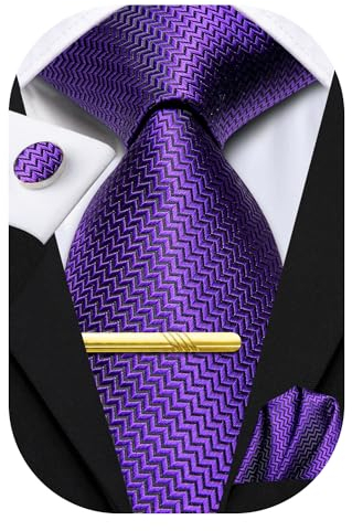 Hi-Tie Cravates pour homme - Ensemble de 4 pièces - Cravate de poche carrée - Boutons de manchette formels - Pince à cravate, Motif rayures Violet, M