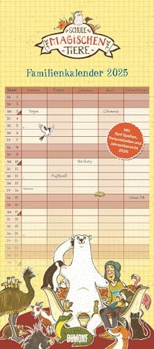 DUMONT - Schule der magischen Tiere 2025 Familienkalender, 22x49,5cm, Planer mit 5 Spalten für die ganze Familie, Jahresübersicht 2026 und Schulferientabelle, deutsches Kalendarium